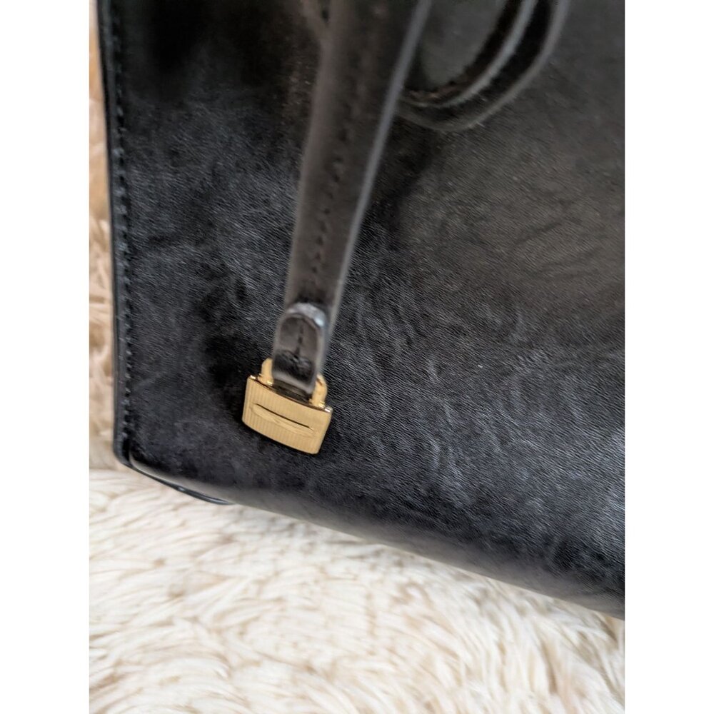 Black Faux Leather Mini Handbag With Gold Hardware & Double Handles - Picture 11 of 14